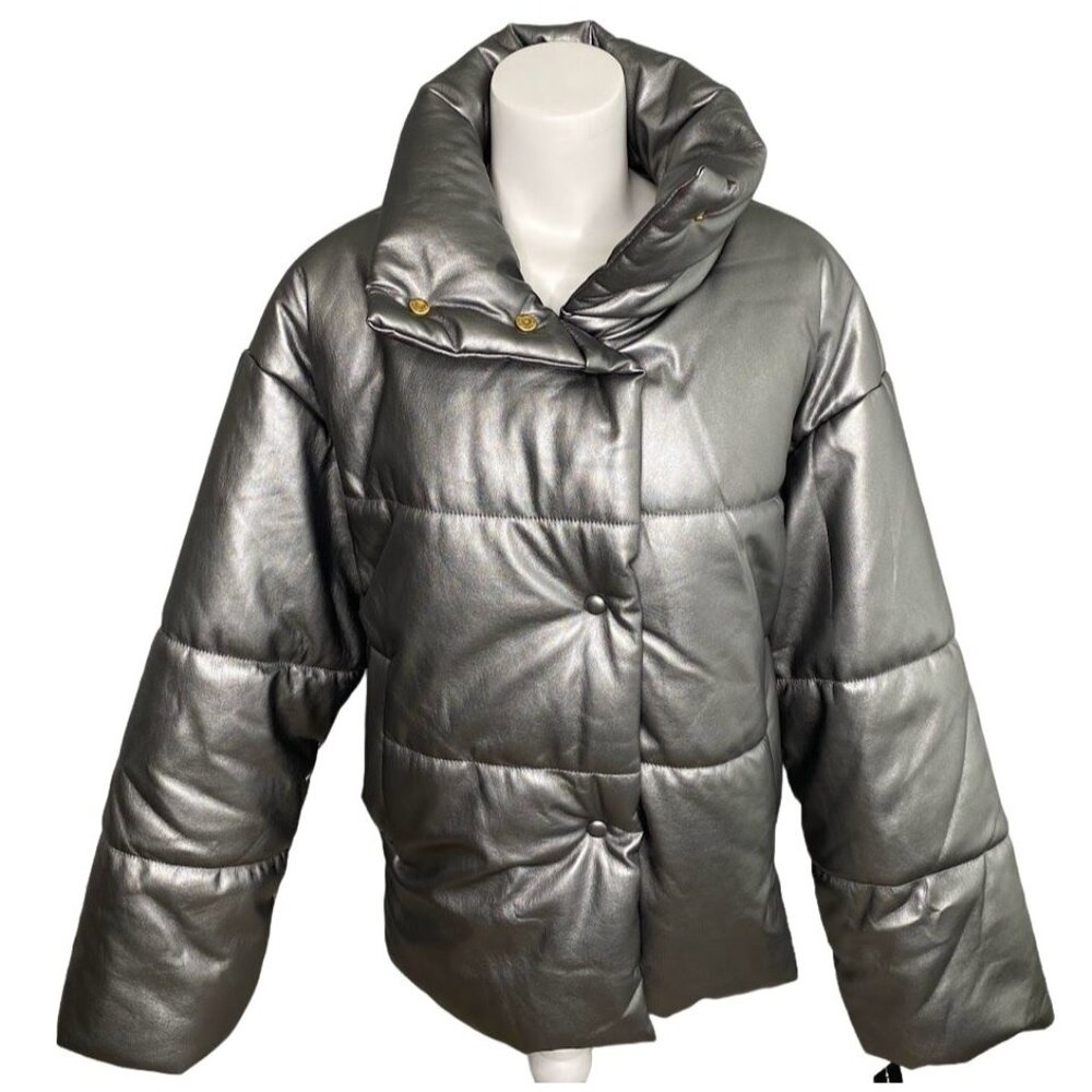 INC Puffer Coat Women's LARGE Silver Gray Faux-Leather High-Neck Pockets NEW